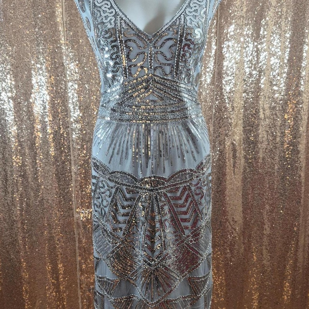 1920s Flapper Dress Silver Gold Sequin Art Deco Gatsby Gown NWT/Sizes XL-2XL-3XL